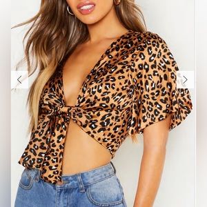 Petite Woven Leopard Print Tie Front Blouse